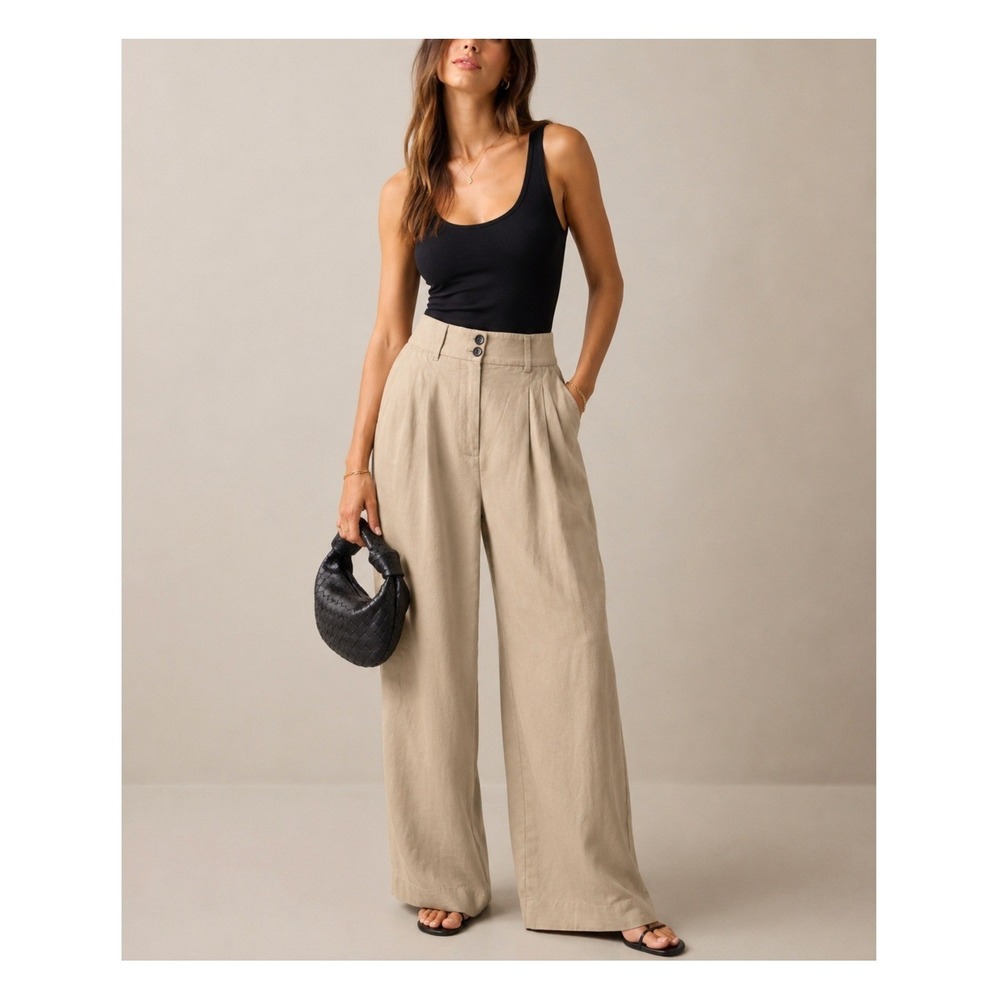 AllSaints Petra Wide Leg Linen Tencel Trousers Beige Italian Cloth High Rise - 6